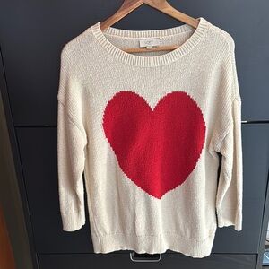 LOFT Red Heart Cream Crew Neck Sweater
